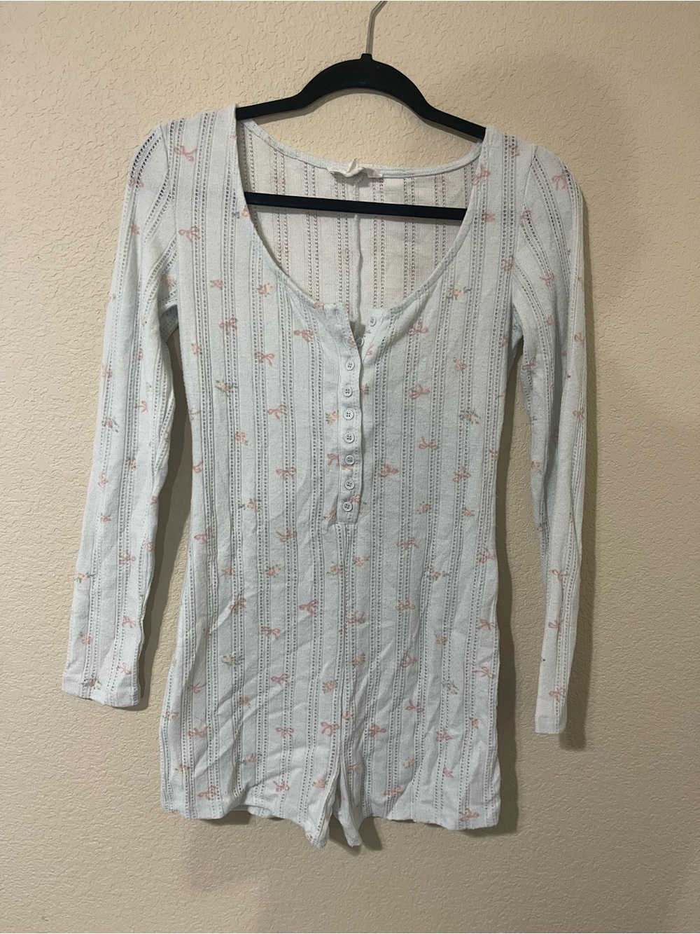 Pink Rose Light Blue Henley Romper with Pink Floral Accents